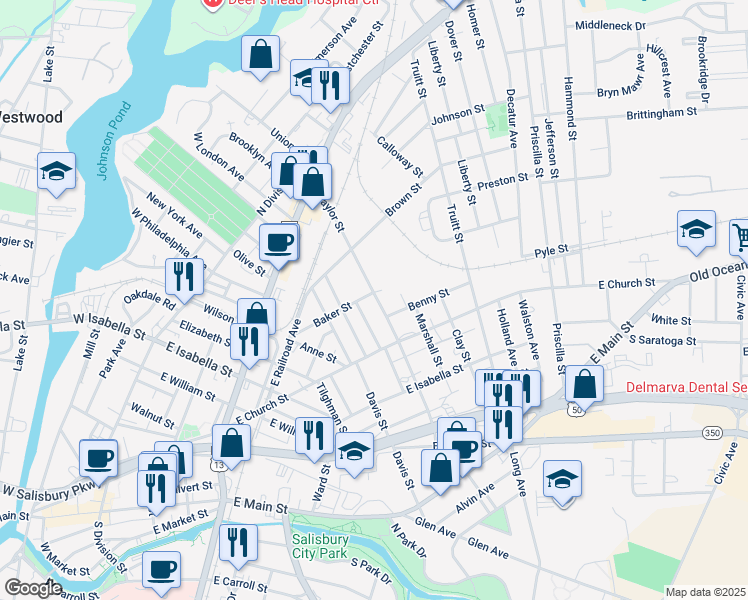 map of restaurants, bars, coffee shops, grocery stores, and more near 322 Naylor Street in Salisbury