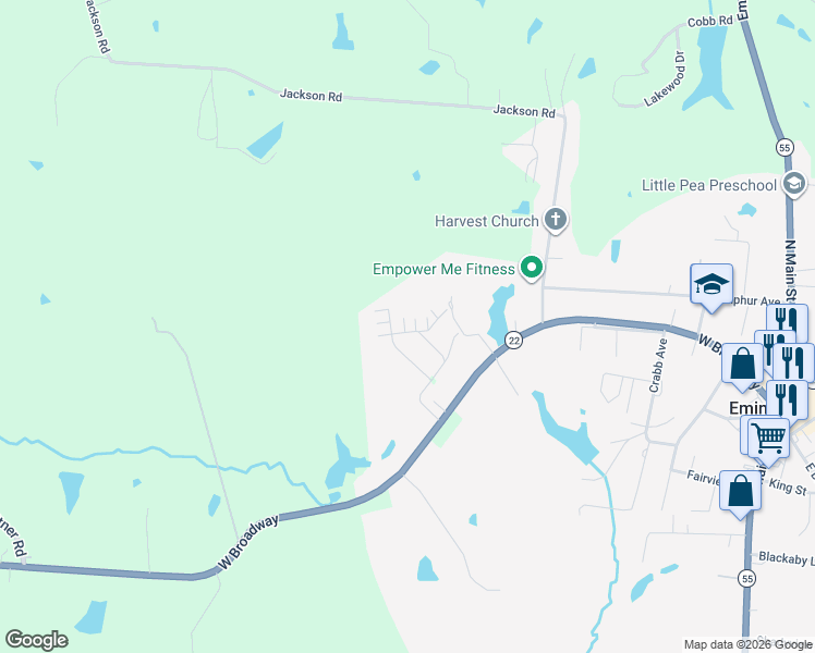 map of restaurants, bars, coffee shops, grocery stores, and more near 44 Quail Hollow Drive in Eminence