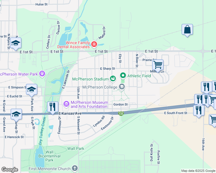 map of restaurants, bars, coffee shops, grocery stores, and more near Simpson Street in McPherson