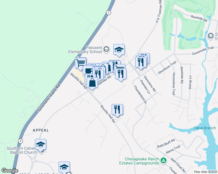 map of restaurants, bars, coffee shops, grocery stores, and more near Village Center Dr in Lusby