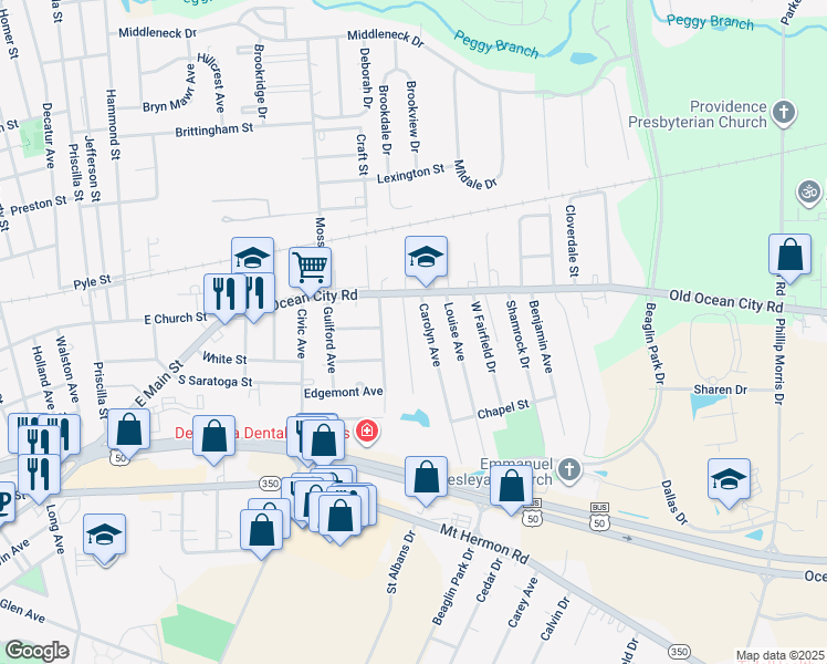 map of restaurants, bars, coffee shops, grocery stores, and more near 103 Montleau Avenue in Salisbury