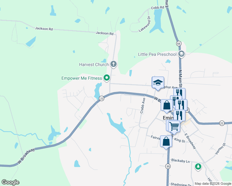 map of restaurants, bars, coffee shops, grocery stores, and more near 252 West Broadway in Eminence