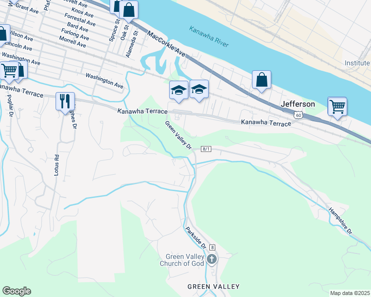 map of restaurants, bars, coffee shops, grocery stores, and more near 162 Green Valley Drive in Saint Albans
