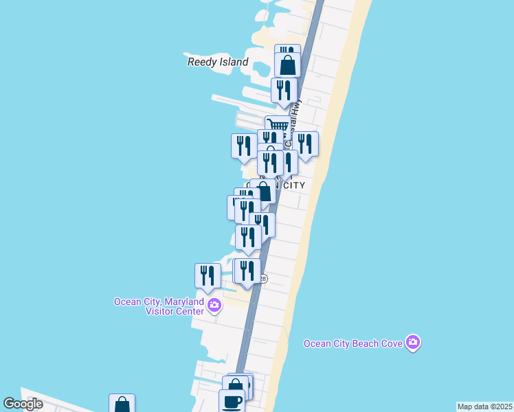 map of restaurants, bars, coffee shops, grocery stores, and more near 4701 Coastal Highway in Ocean City