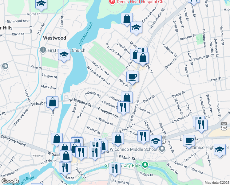 map of restaurants, bars, coffee shops, grocery stores, and more near 106 East Lehigh Avenue in Salisbury