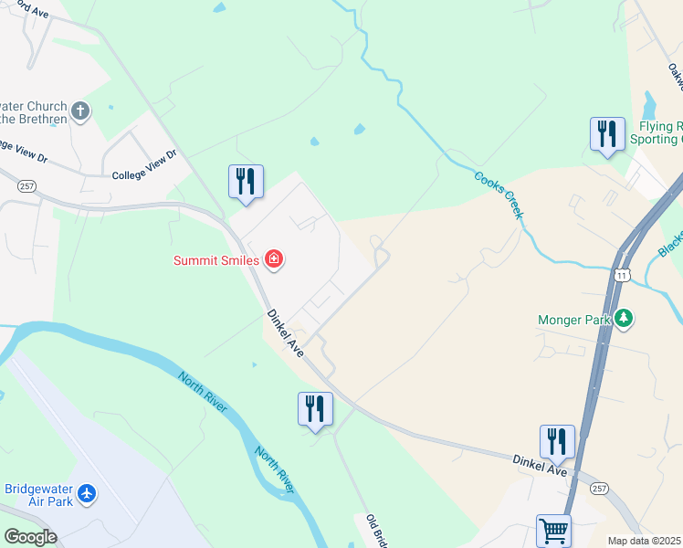 map of restaurants, bars, coffee shops, grocery stores, and more near 594 Dinkel Avenue in Mount Crawford