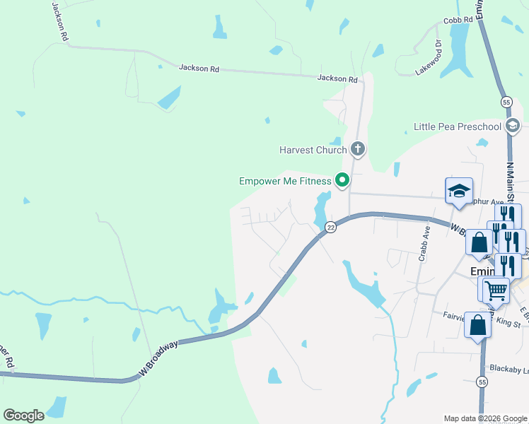 map of restaurants, bars, coffee shops, grocery stores, and more near 44 Quail Hollow Drive in Eminence