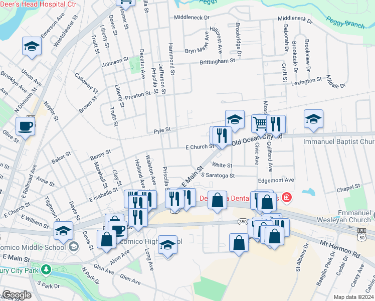 map of restaurants, bars, coffee shops, grocery stores, and more near 211 South Saratoga Street in Salisbury