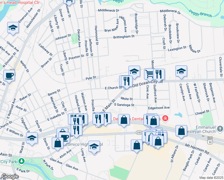map of restaurants, bars, coffee shops, grocery stores, and more near 1108 East Church Street in Salisbury