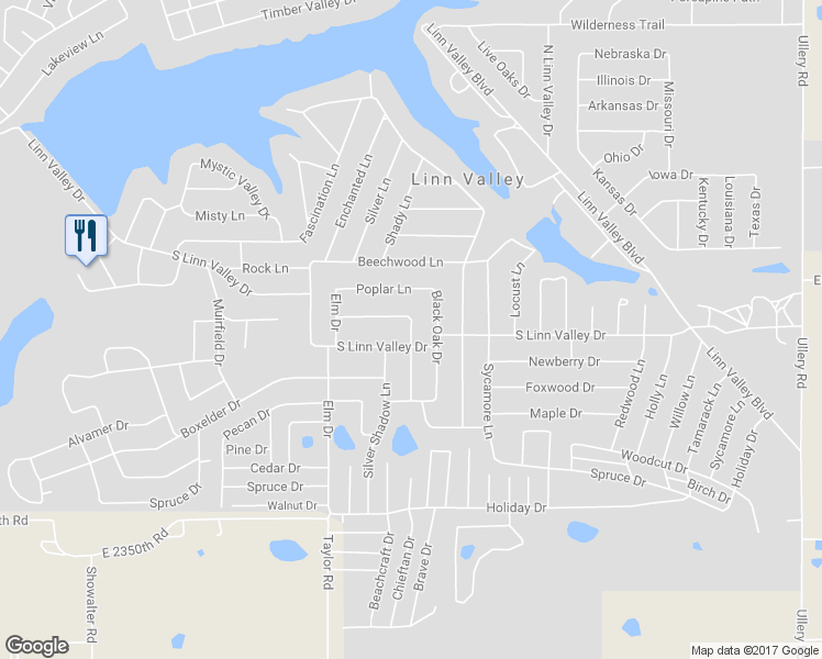 map of restaurants, bars, coffee shops, grocery stores, and more near 42 Shady Lane in Linn Valley