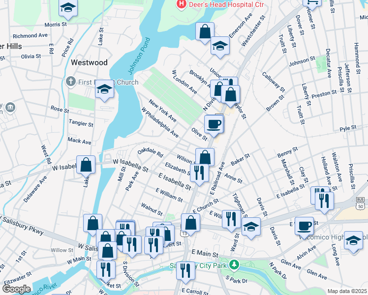 map of restaurants, bars, coffee shops, grocery stores, and more near 106 East Lehigh Avenue in Salisbury