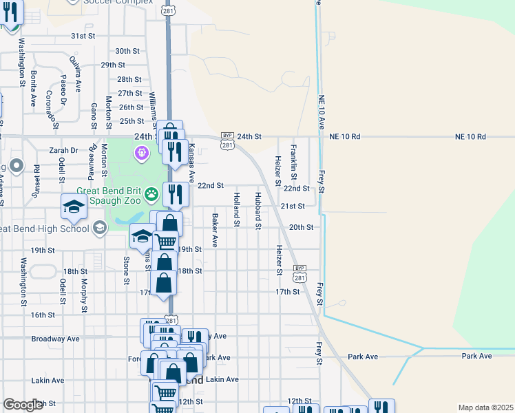 map of restaurants, bars, coffee shops, grocery stores, and more near 1600 21st Street in Great Bend