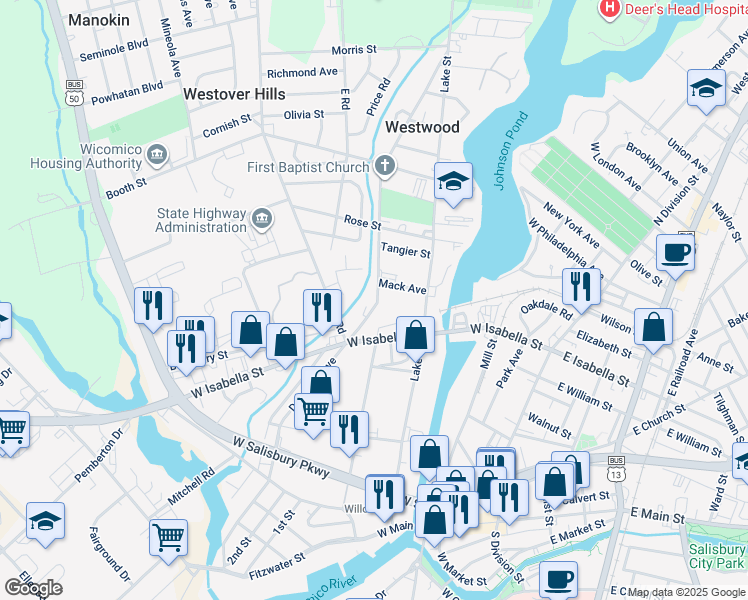 map of restaurants, bars, coffee shops, grocery stores, and more near 518 Delaware Avenue in Salisbury