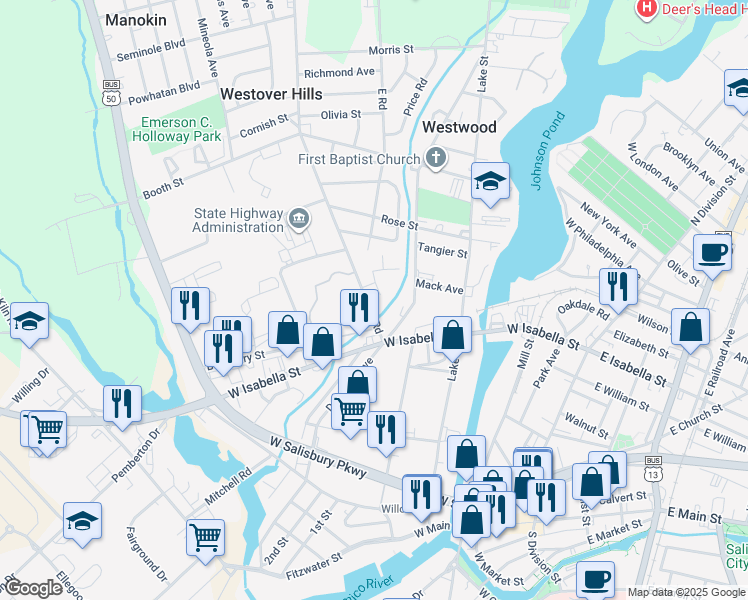 map of restaurants, bars, coffee shops, grocery stores, and more near 539 North West Road in Salisbury