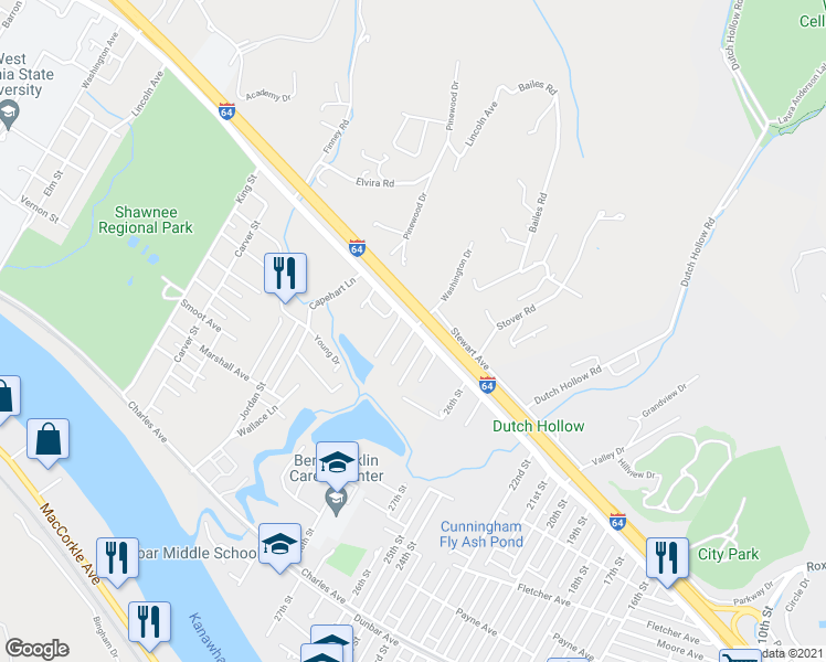 map of restaurants, bars, coffee shops, grocery stores, and more near 2715 Washington Dr in Dunbar