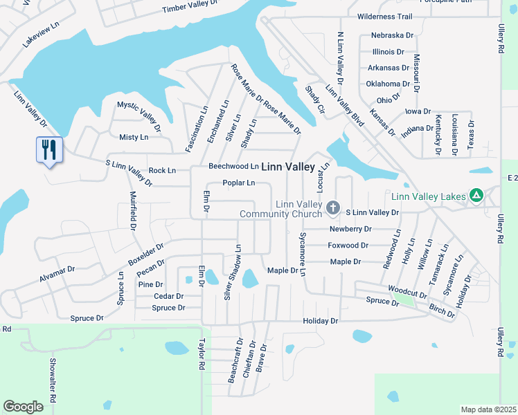 map of restaurants, bars, coffee shops, grocery stores, and more near 42 Shady Lane in Linn Valley