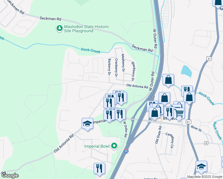 map of restaurants, bars, coffee shops, grocery stores, and more near 5912 Old Antonia Road in Imperial