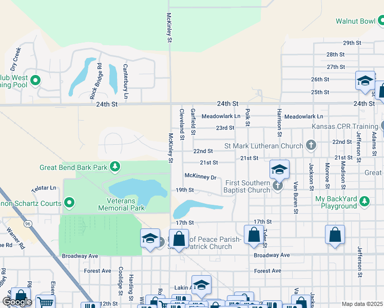 map of restaurants, bars, coffee shops, grocery stores, and more near 3801 22nd Street in Great Bend
