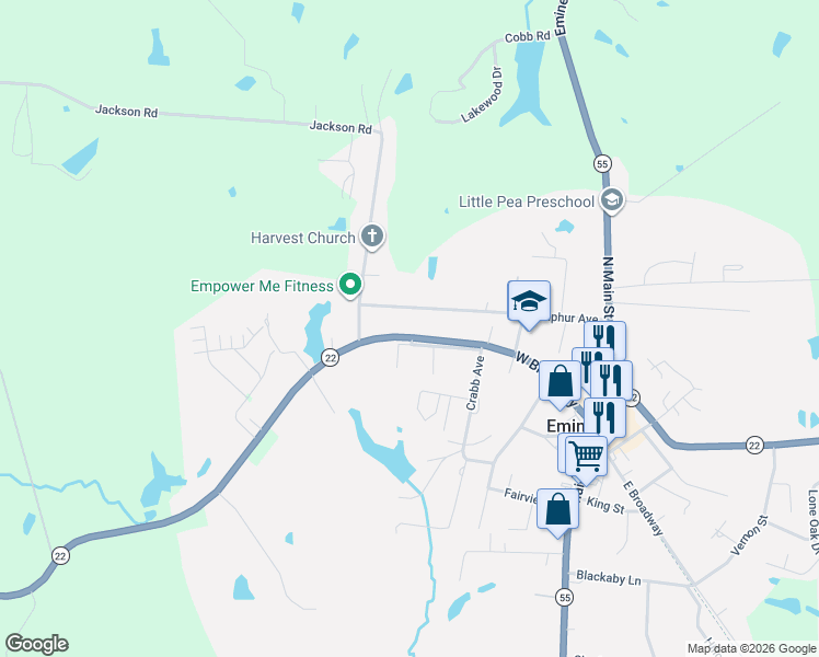 map of restaurants, bars, coffee shops, grocery stores, and more near 238-252 W Broadway in Eminence
