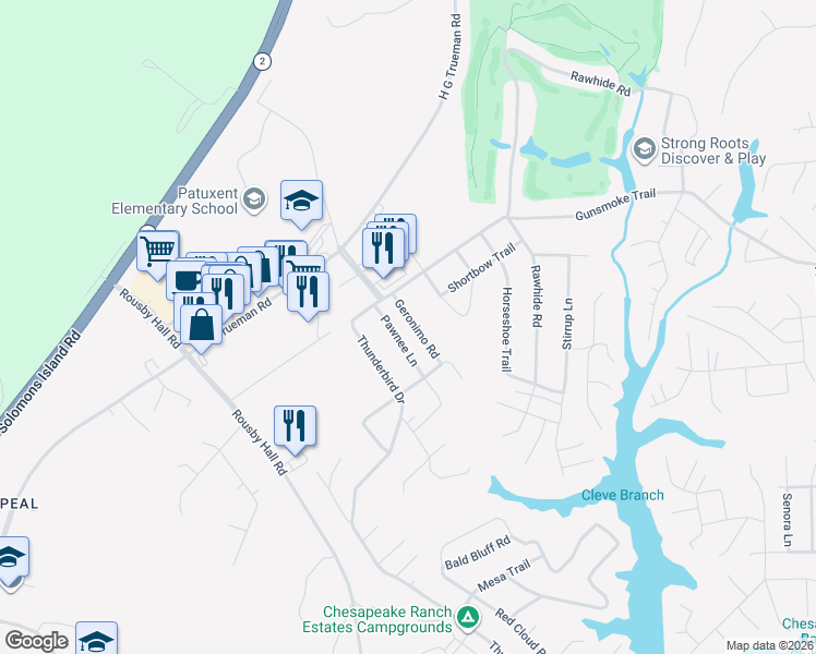 map of restaurants, bars, coffee shops, grocery stores, and more near 315 Geronimo Road in Lusby