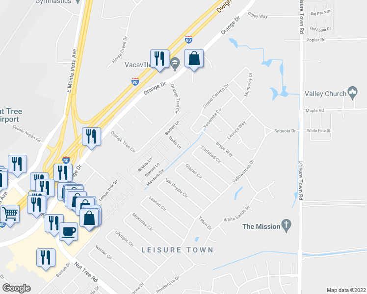 map of restaurants, bars, coffee shops, grocery stores, and more near 366 Trellis Lane in Vacaville