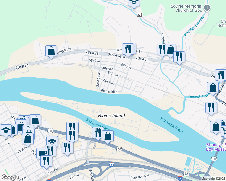 map of restaurants, bars, coffee shops, grocery stores, and more near 3054-3098 Blaine Blvd in Charleston