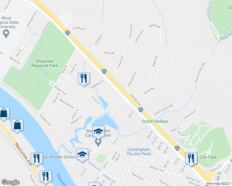 map of restaurants, bars, coffee shops, grocery stores, and more near 2715 Washington Dr in Dunbar