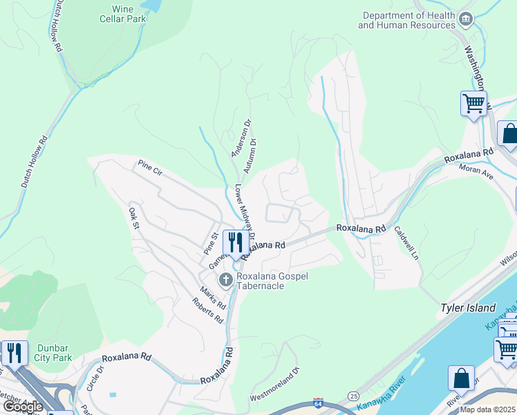 map of restaurants, bars, coffee shops, grocery stores, and more near 724 Roxalana Hills Drive in Dunbar
