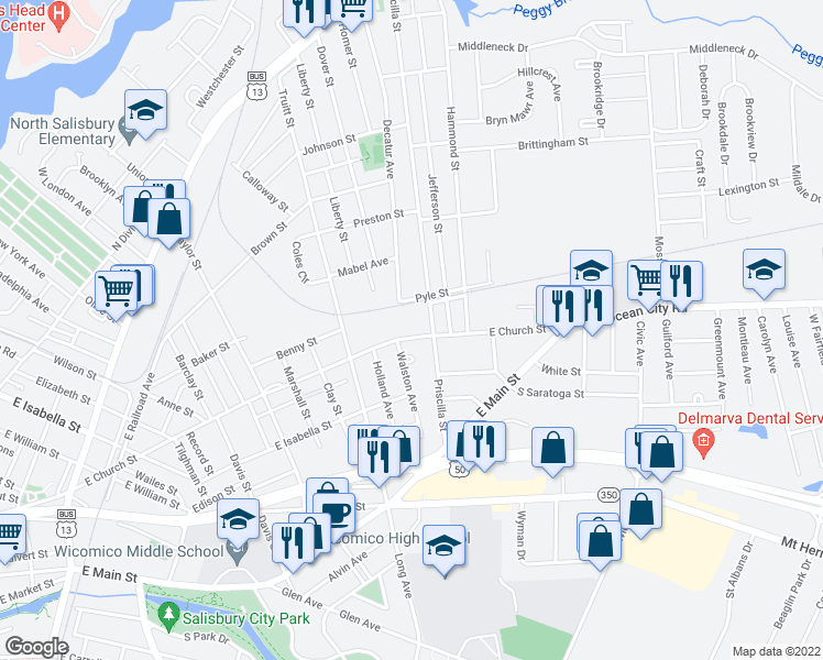 map of restaurants, bars, coffee shops, grocery stores, and more near 927 East Church Street in Salisbury