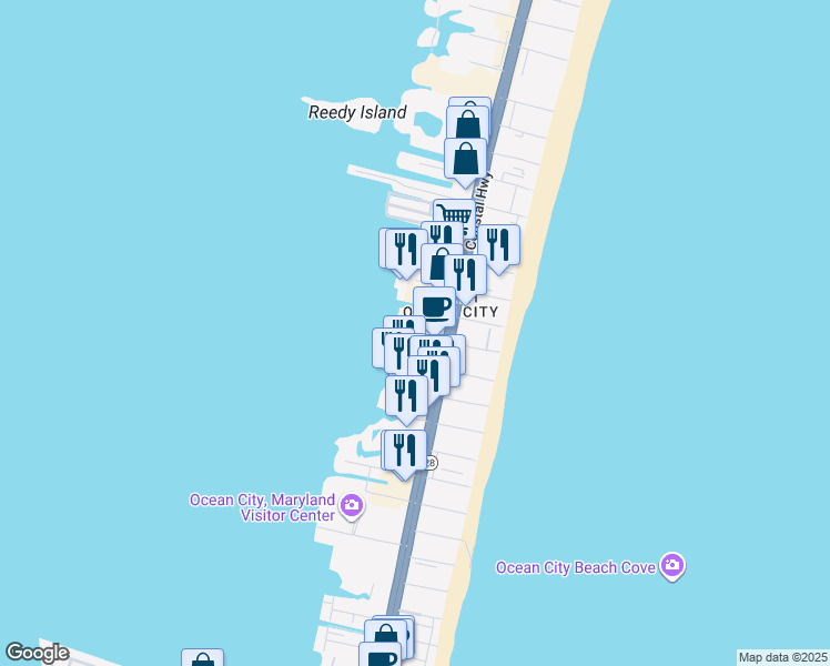 map of restaurants, bars, coffee shops, grocery stores, and more near 4701 Coastal Highway in Ocean City