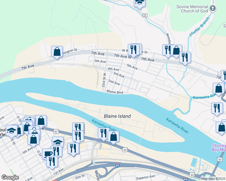 map of restaurants, bars, coffee shops, grocery stores, and more near 3054 Blaine Boulevard in Charleston