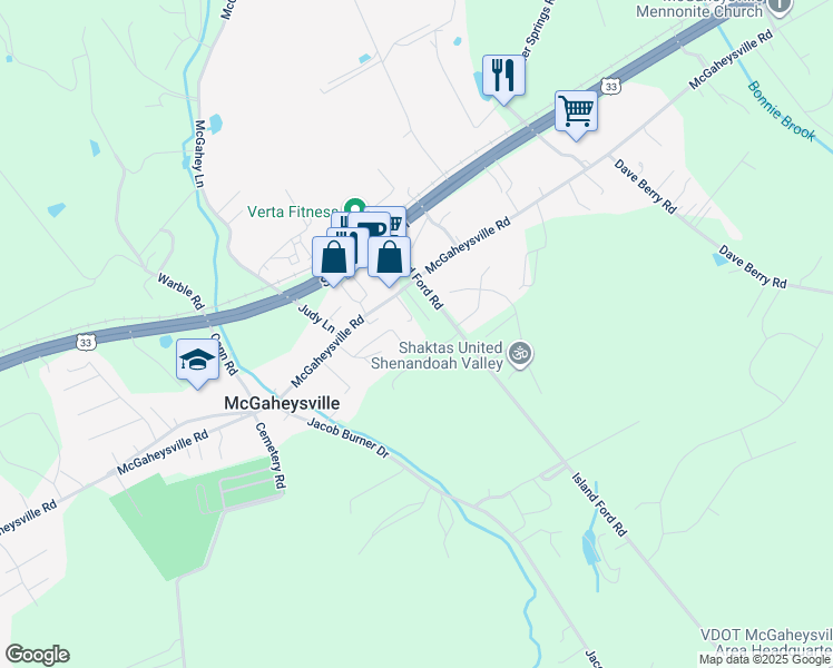 map of restaurants, bars, coffee shops, grocery stores, and more near 10290 McGaheysville Road in McGaheysville