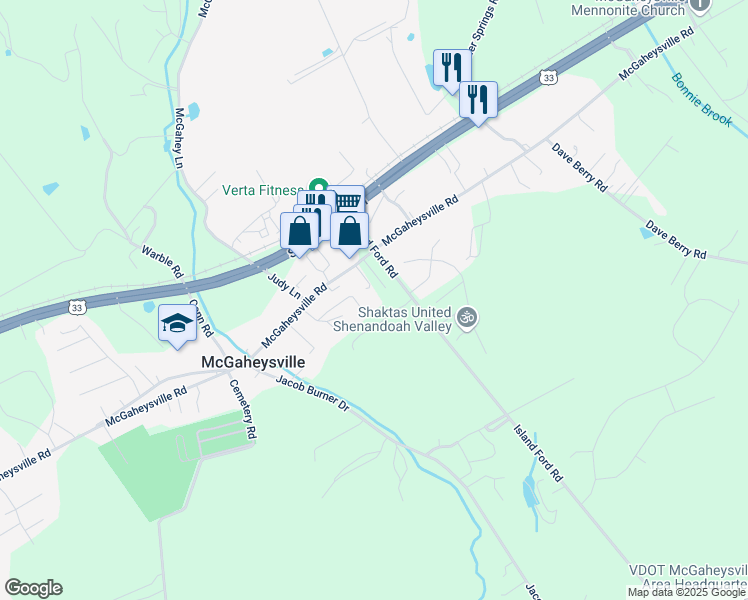 map of restaurants, bars, coffee shops, grocery stores, and more near 10290 McGaheysville Road in McGaheysville
