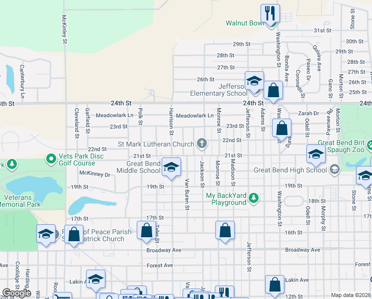 map of restaurants, bars, coffee shops, grocery stores, and more near 2110 San Domingo Street in Great Bend