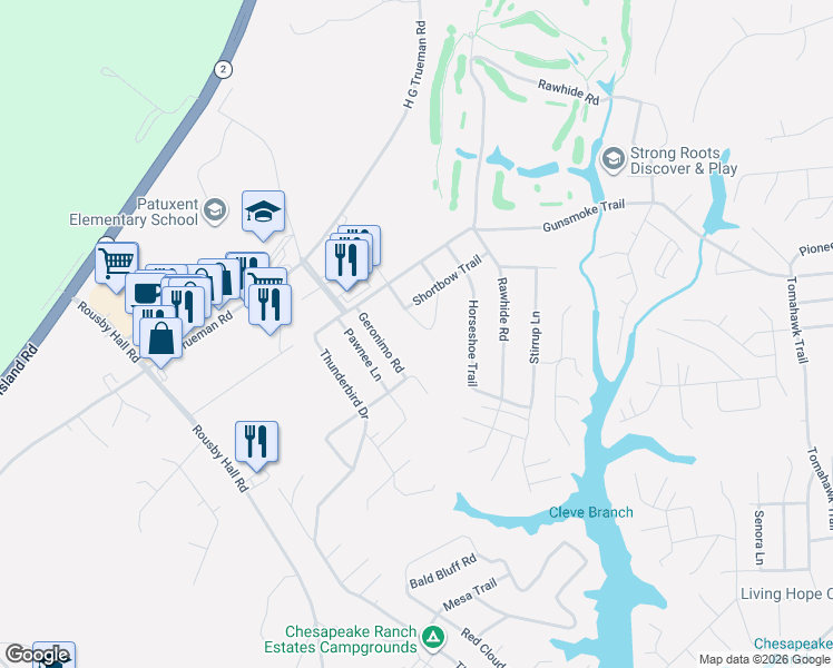 map of restaurants, bars, coffee shops, grocery stores, and more near 11444 Long Bow Court in Lusby