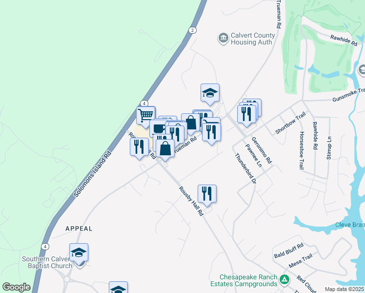 map of restaurants, bars, coffee shops, grocery stores, and more near 11760 H G Trueman Road in Lusby