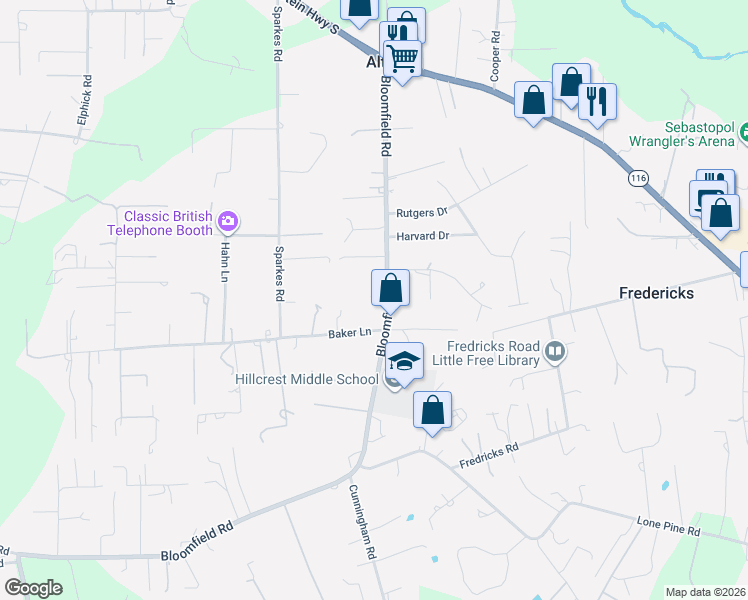 map of restaurants, bars, coffee shops, grocery stores, and more near 540 Bloomfield Road in Sebastopol