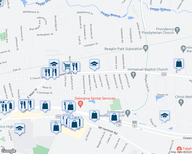map of restaurants, bars, coffee shops, grocery stores, and more near 1400 Old Ocean City Road in Salisbury
