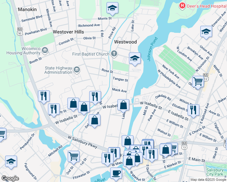 map of restaurants, bars, coffee shops, grocery stores, and more near 518 Delaware Avenue in Salisbury