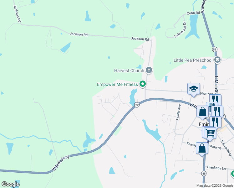 map of restaurants, bars, coffee shops, grocery stores, and more near Harvest Drive in Eminence