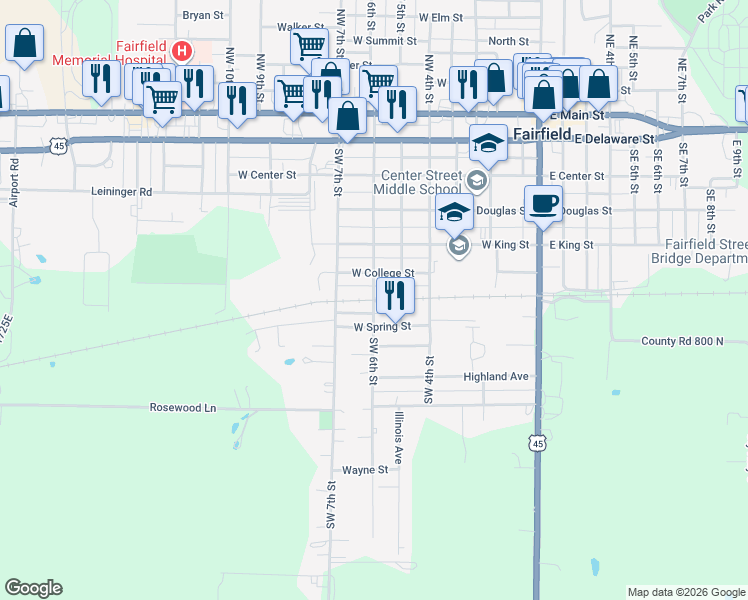map of restaurants, bars, coffee shops, grocery stores, and more near 700 Southwest 6th Street in Fairfield