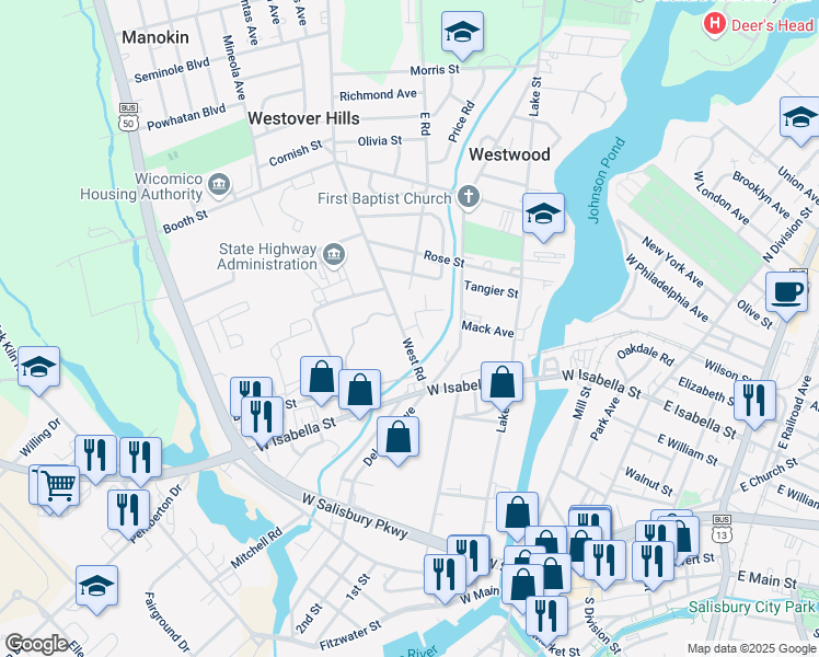 map of restaurants, bars, coffee shops, grocery stores, and more near 555 West Road in Salisbury