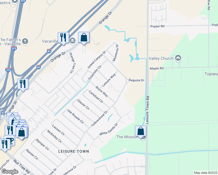 map of restaurants, bars, coffee shops, grocery stores, and more near 127 Bryce Way in Vacaville