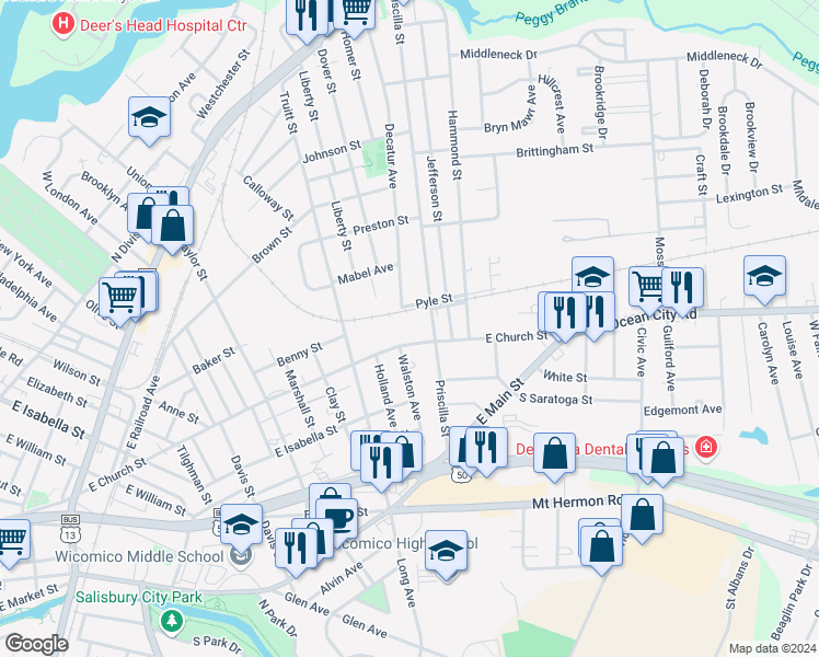 map of restaurants, bars, coffee shops, grocery stores, and more near 927 East Church Street in Salisbury