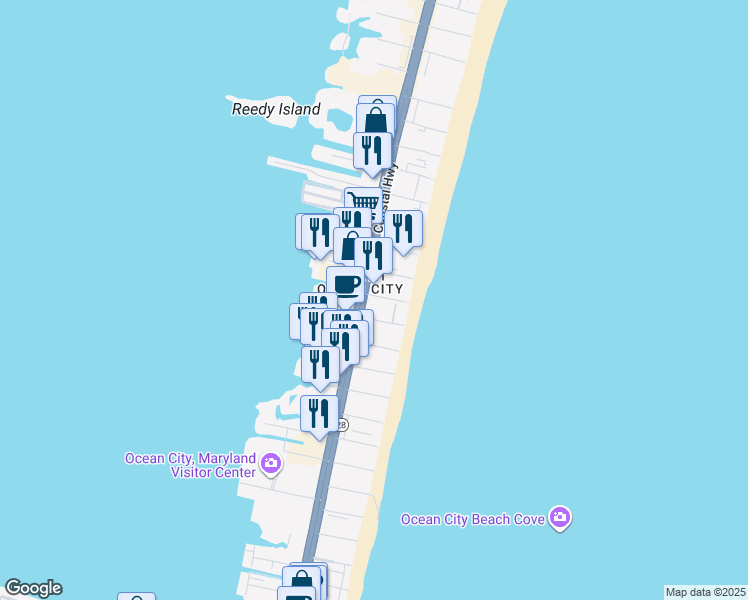 map of restaurants, bars, coffee shops, grocery stores, and more near 2 48th Street in Ocean City