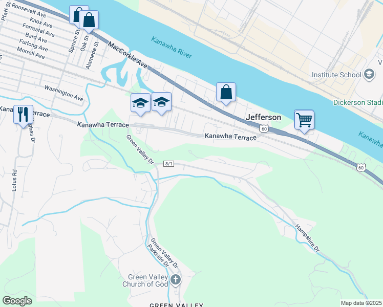 map of restaurants, bars, coffee shops, grocery stores, and more near 843 Jefferson Street Southeast in Saint Albans