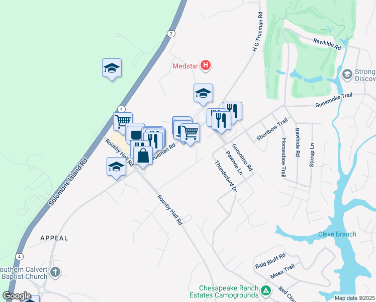 map of restaurants, bars, coffee shops, grocery stores, and more near 11760 H G Trueman Road in Lusby