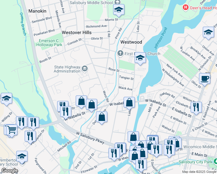 map of restaurants, bars, coffee shops, grocery stores, and more near 555 West Road in Salisbury