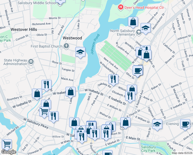 map of restaurants, bars, coffee shops, grocery stores, and more near 215 Oakdale Road in Salisbury