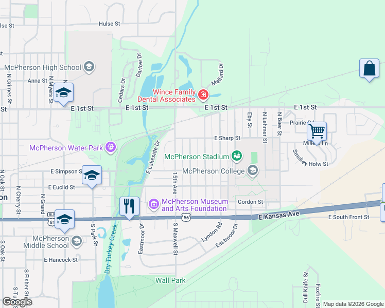 map of restaurants, bars, coffee shops, grocery stores, and more near 408 North Olivette Street in McPherson